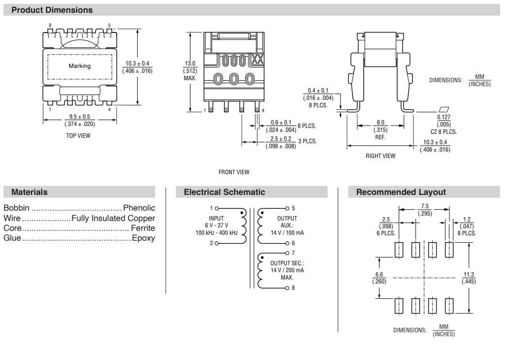 Disegno meccanico - Bourns Trasformatore flyback HVMA01F35A-ST10S